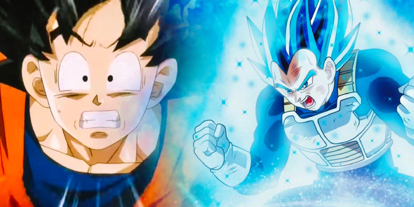 Vegeta Super Saiyan Blue in Dragon Ball Super and Goku looking scared