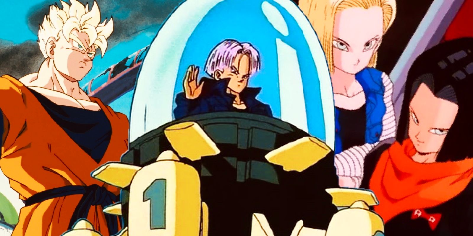 Time travel in dragon ball z with Super Saiyan Gohan, trunks in the capsule corp time machine and androids 18 & 17