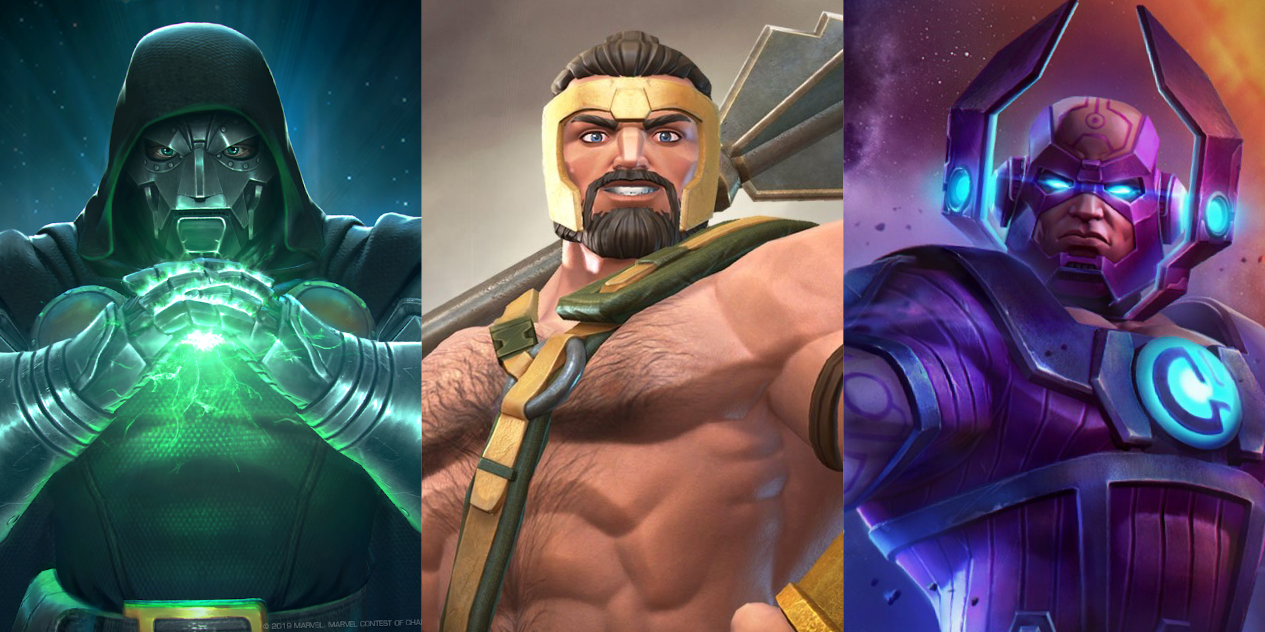 A Split Image of Doctor Doom, Hercules, and Galan in Marvel Contest of Champions