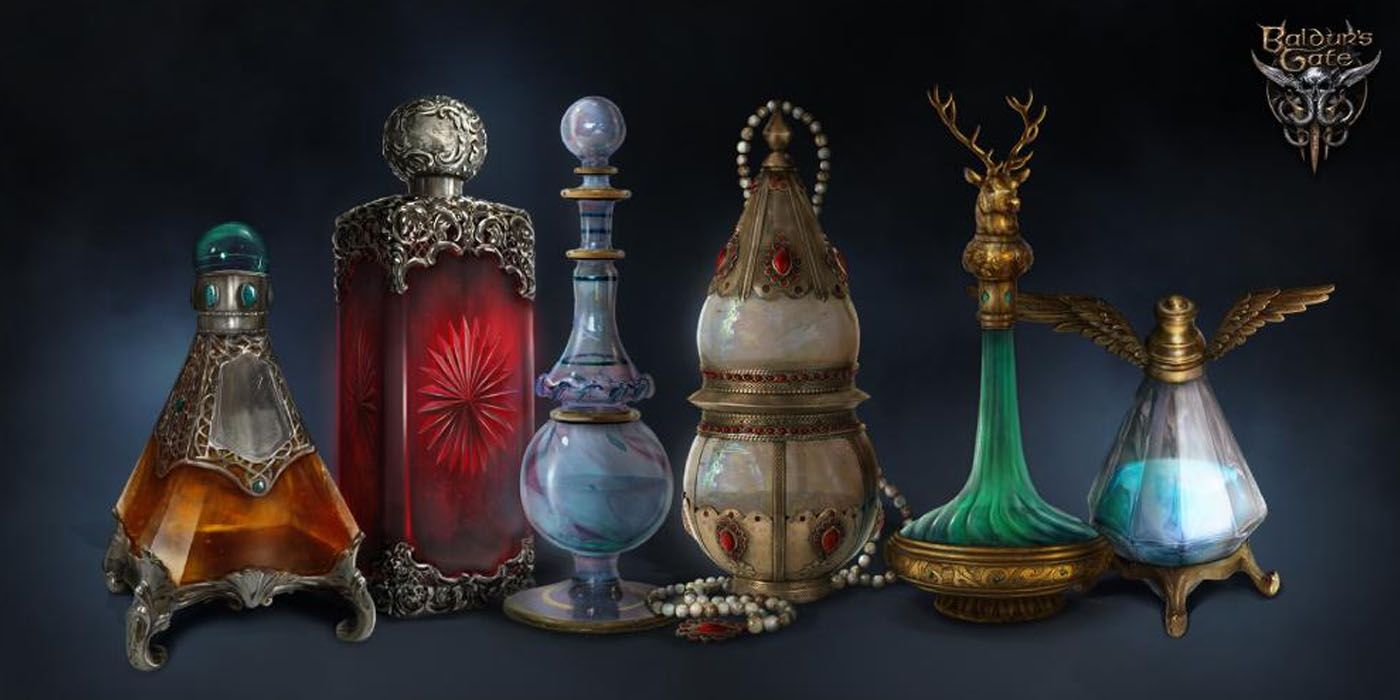 A collection of colorful potions from Baldur's Gate 3