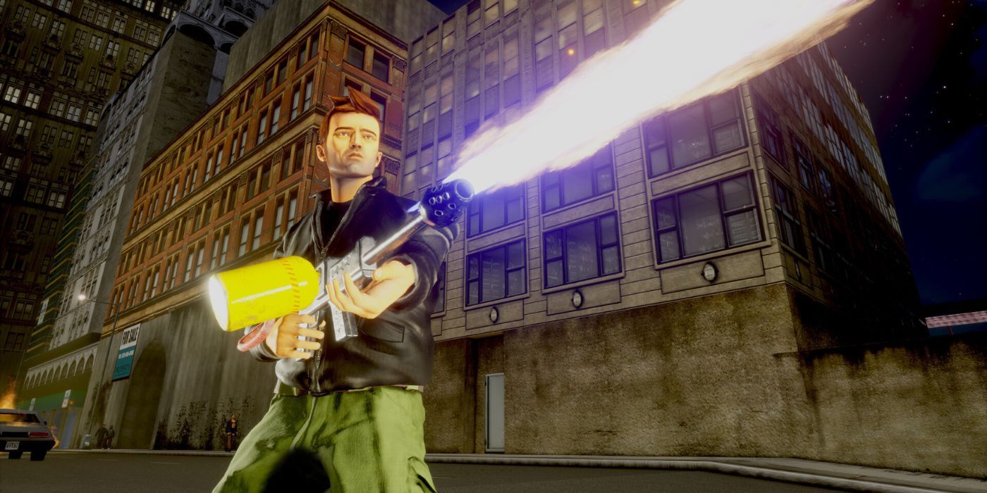 A player blasts a flamethrower in GTA 3