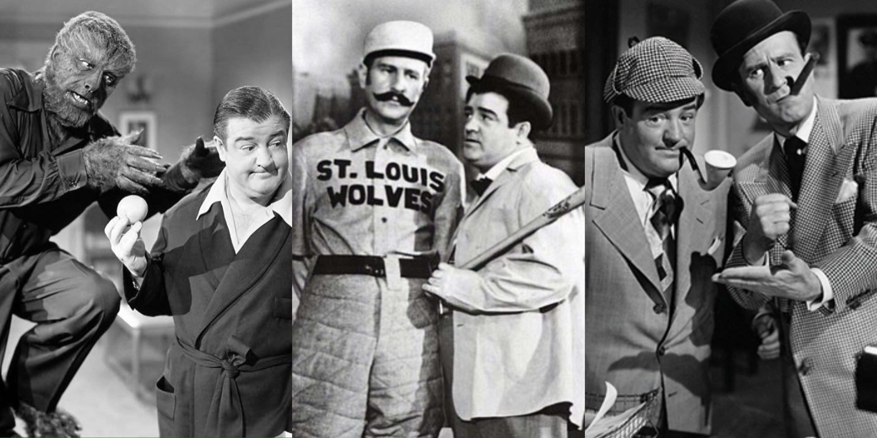 A split image of Abbott and Costello in Abbott and Costello Meet Frankenstein, The Naughty Nineties, and Abbott and Costello Meet the Invisible Man
