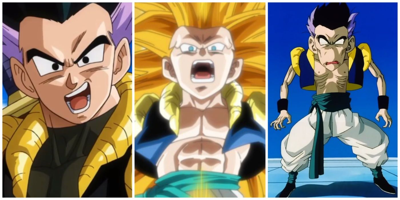 A split image of Adult Xeno Gotenks, Super Saiyan 3 Gotenks, and Skinny Gotenks from Dragon Ball