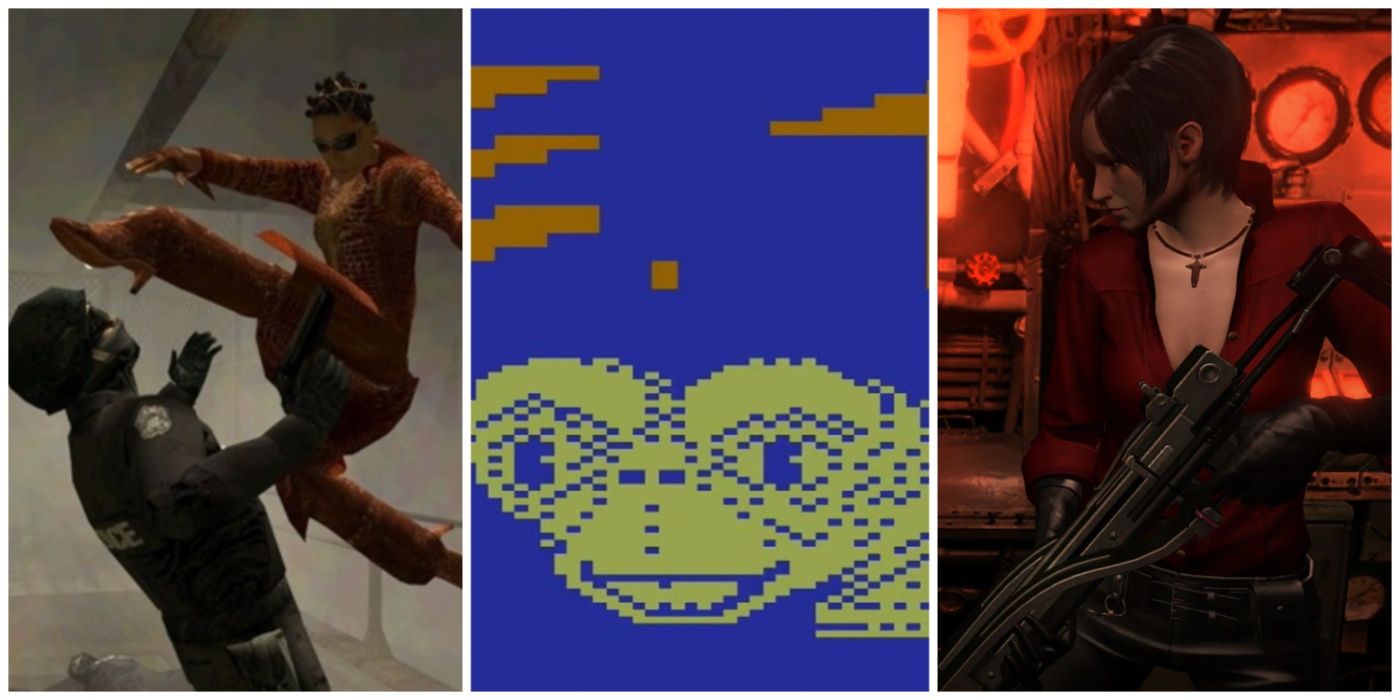 A split image of Enter the Matrix, ET Extra-Terrestrial, and Resident Evil 6 games