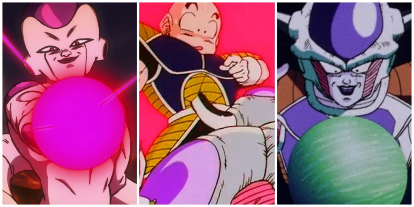 A split image of Frieza killing Paragus, Frieza goring Krillin, and Frieza's occupation of Planet Vegeta from Dragon Ball