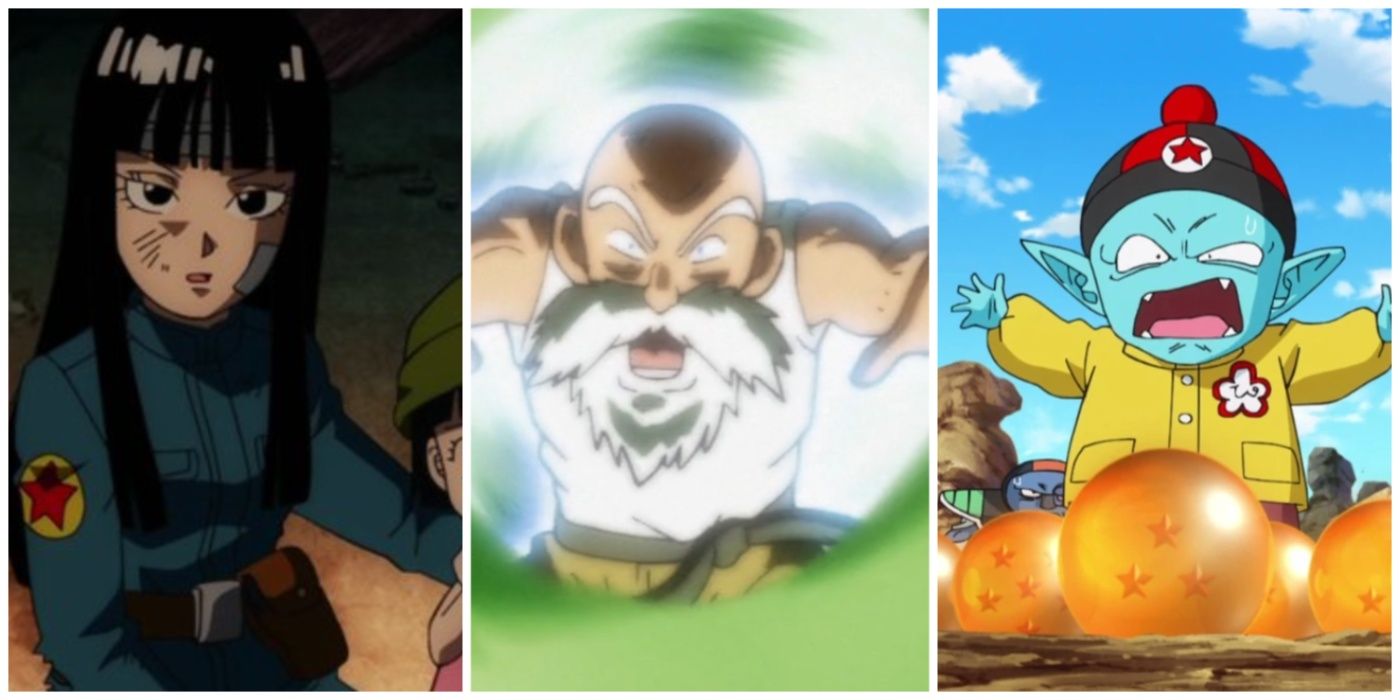 A split image of Mai, Master Roshi, and Pilaf from Dragon Ball Super