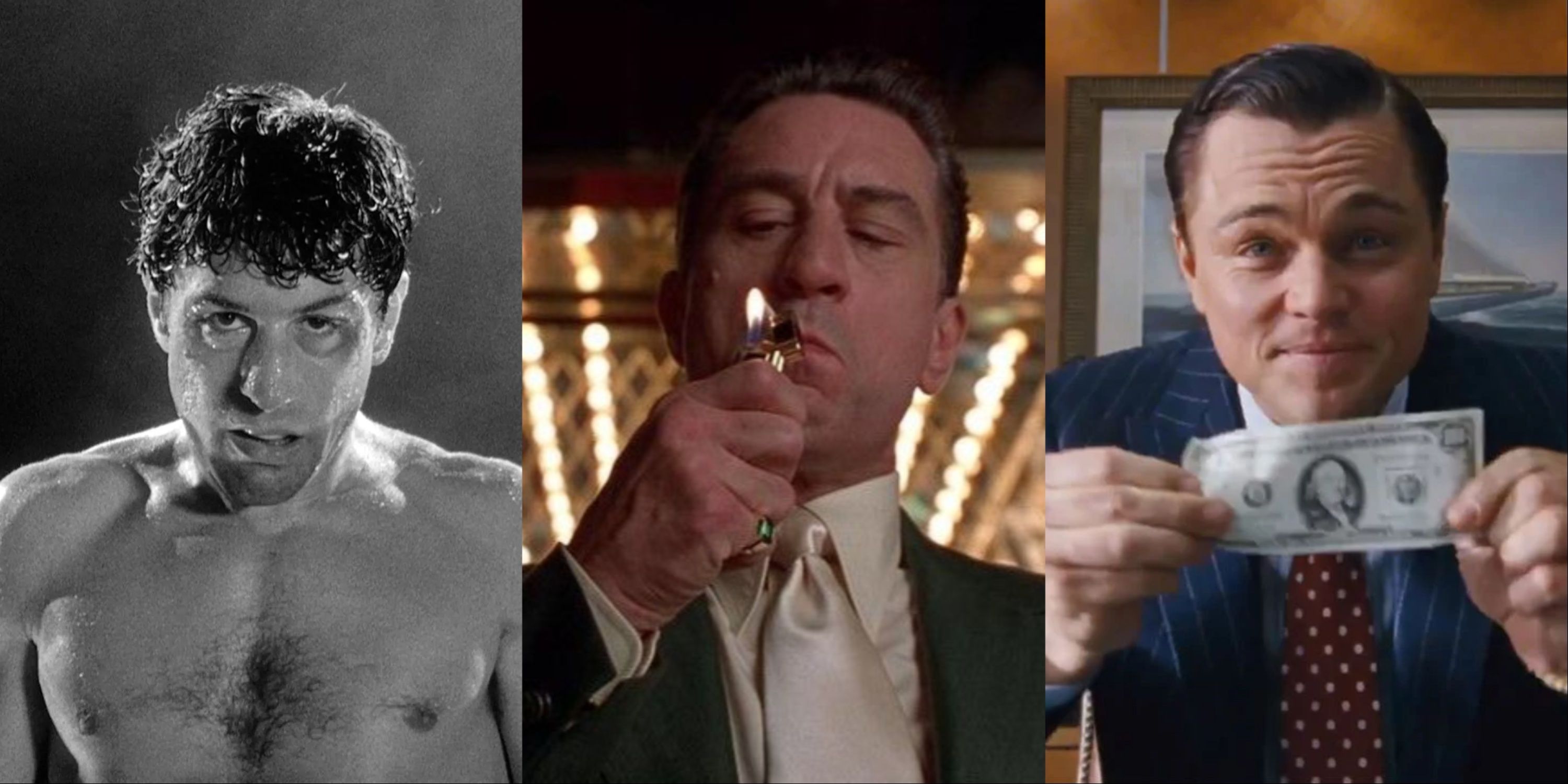 A split image of Robert De Niro in Raging Bull, Robert De Niro in Casino, and Leonardo DiCaprio in The Wolf of Wall Street
