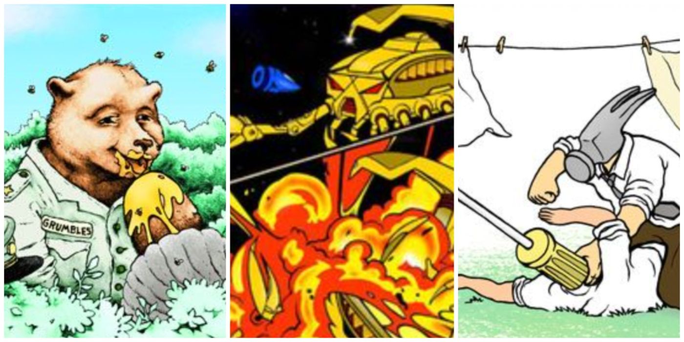 A split image of Sgt Grumbles, Guntron, and Mrs Hammer strips from Perry Bible Fellowship comics
