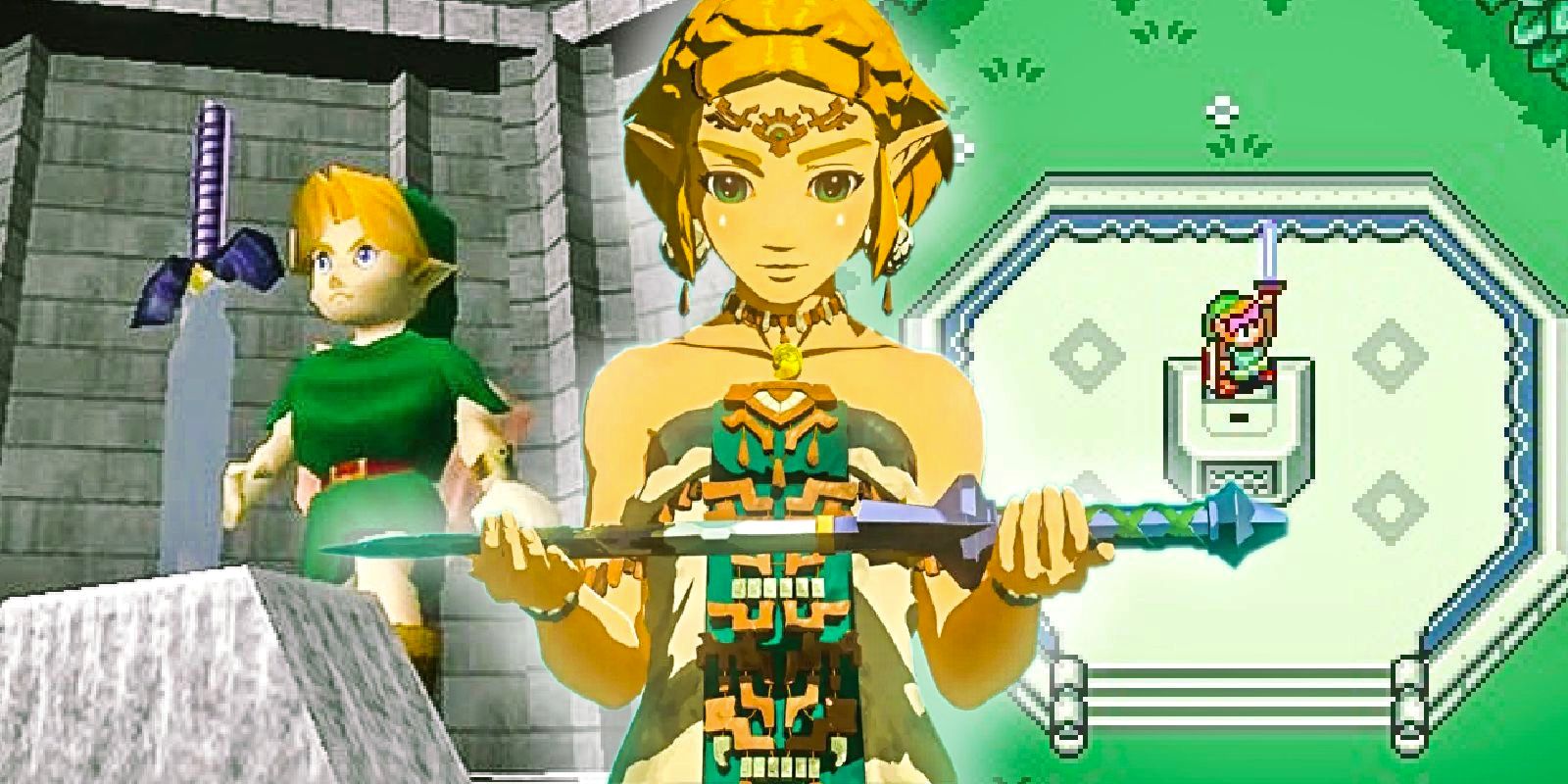 Princess Zelda from tears of the Kingdom with the master sword in front of Link in ocarina of time and a link to the past