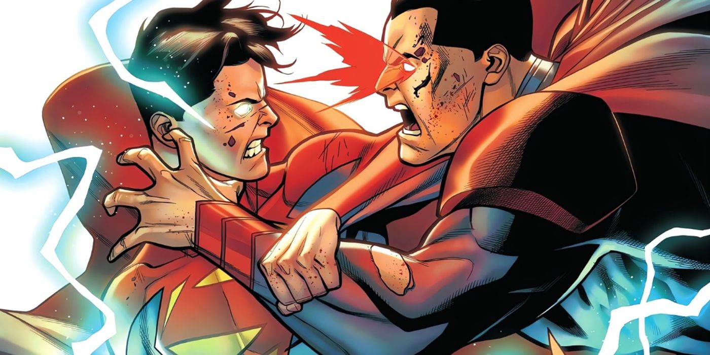 jon kent unleashing electricity as he battles Injustice Superman in DC Comics