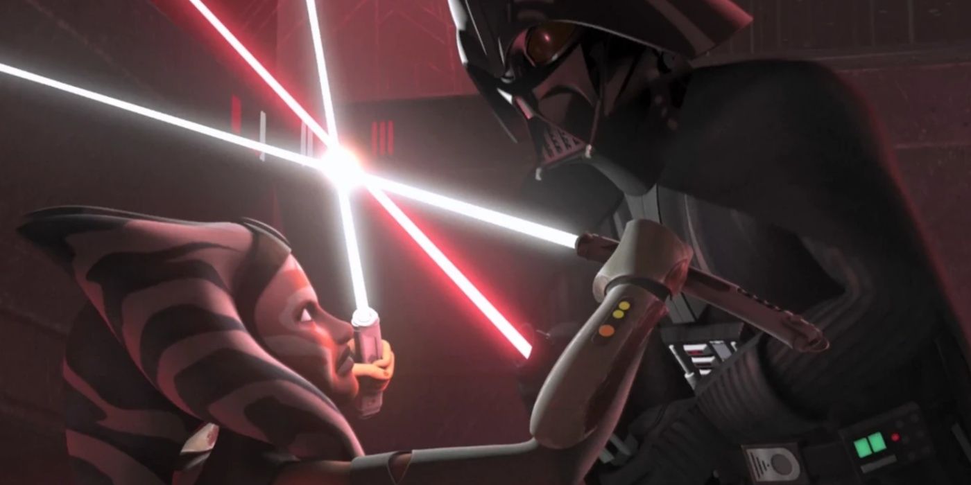 Ahsoka Tano duelando com Darth Vader em Malachor em Star Wars Rebels.