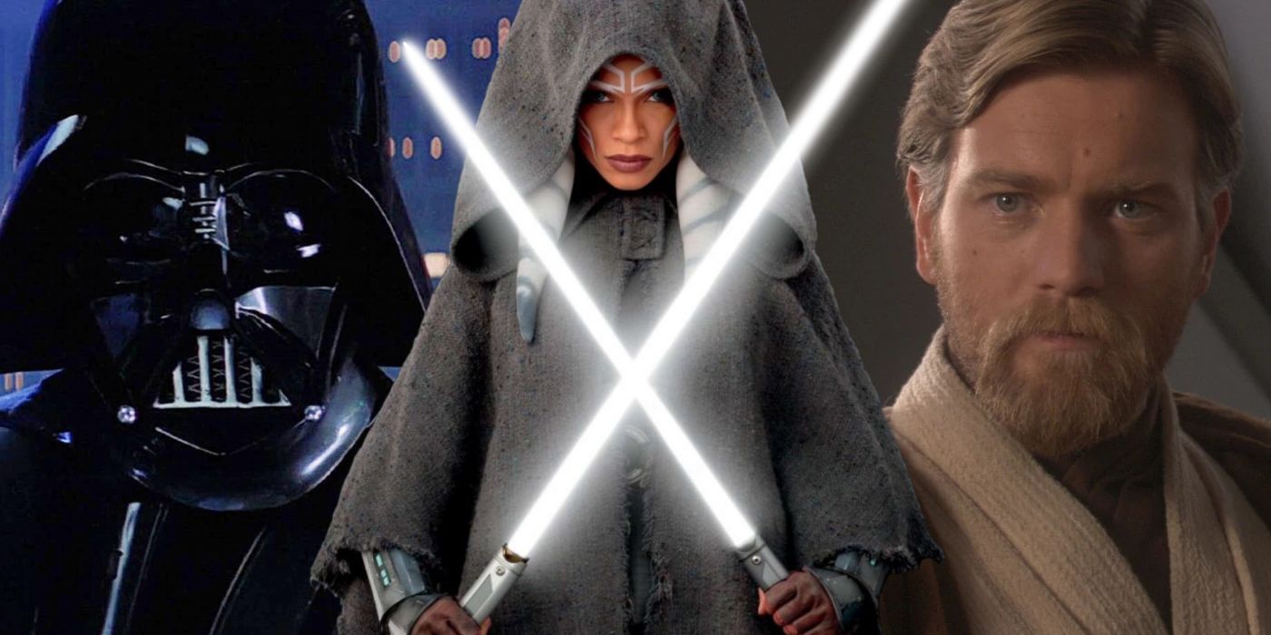 Rosario Dawson's Ahsoka Tano in front of Darth Vader and Ewan McGregor as Obi-Wan Kenobi in Star Wars