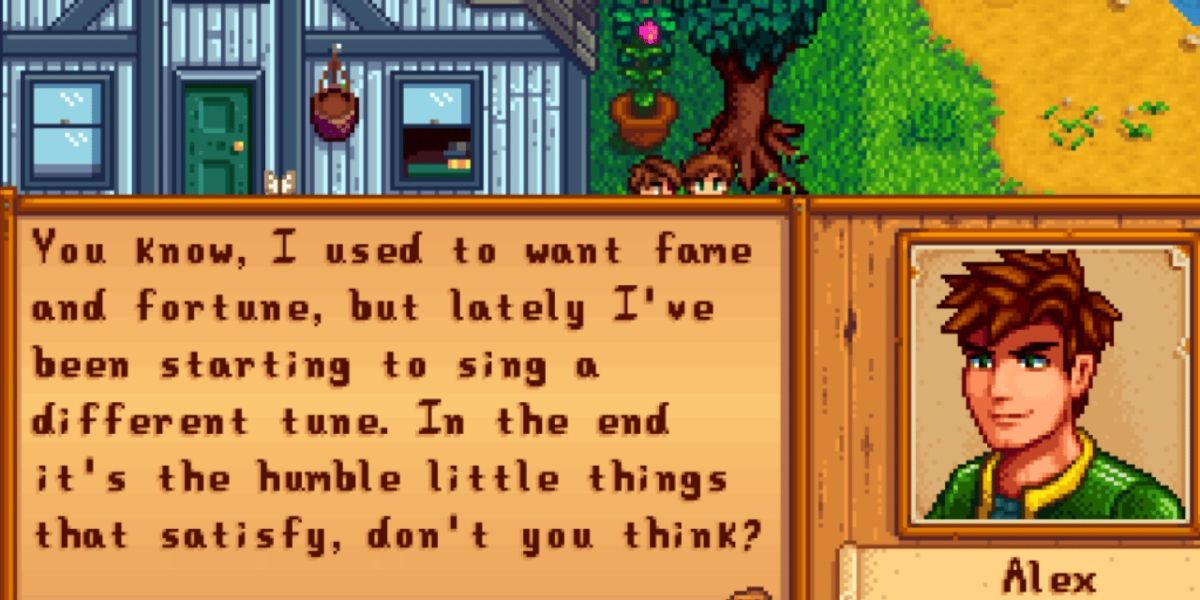 Alex talking about fame in his Stardew Valley romance