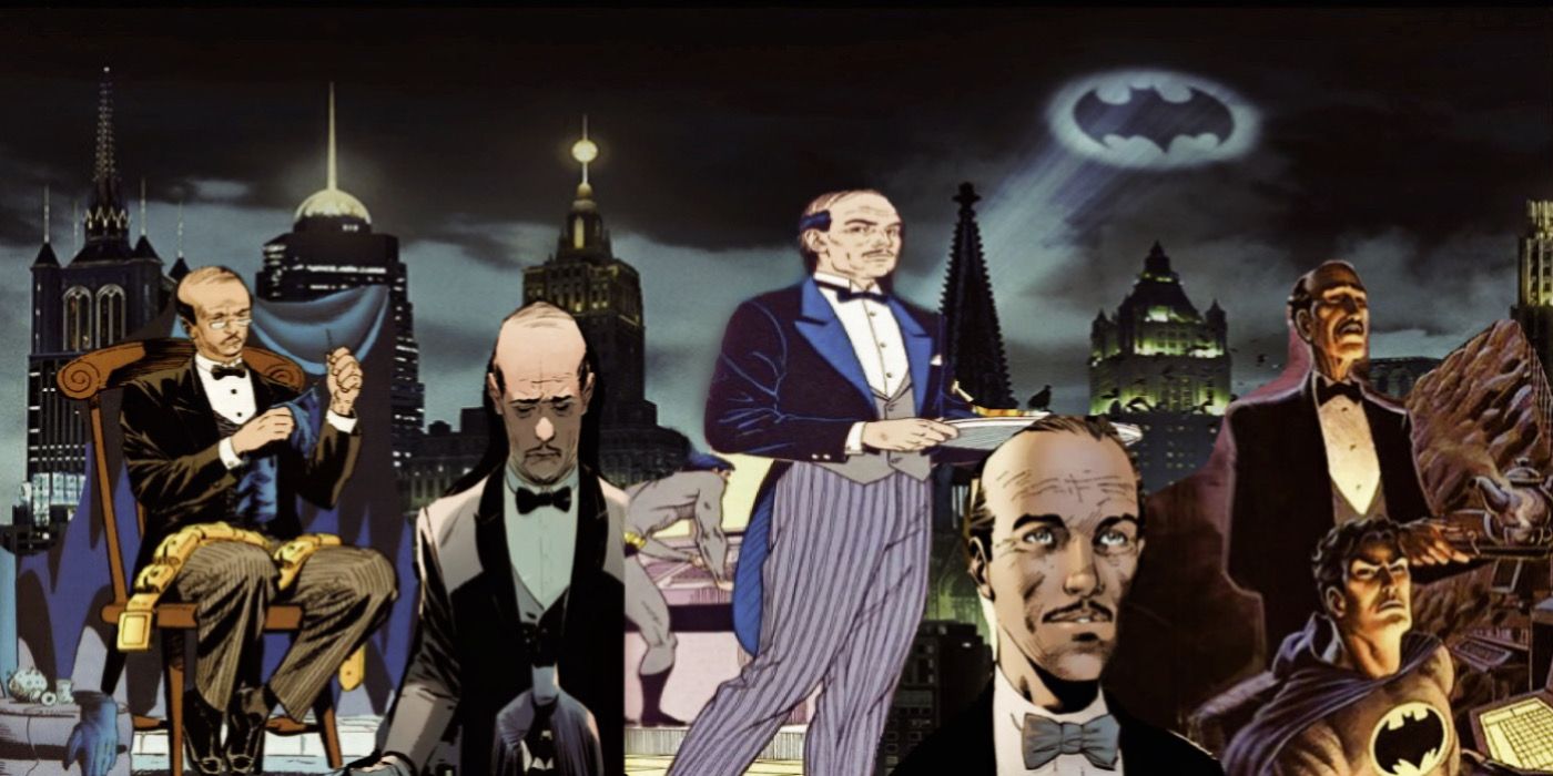 Uma coleção de cenas de Alfred Pennyworth e um cenário de Gotham na DC Comics