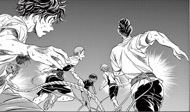 a broca para amassar corda do mangá ao ashi com personagens: aoi, kuroda, togashi, asari, otomo e takeshima