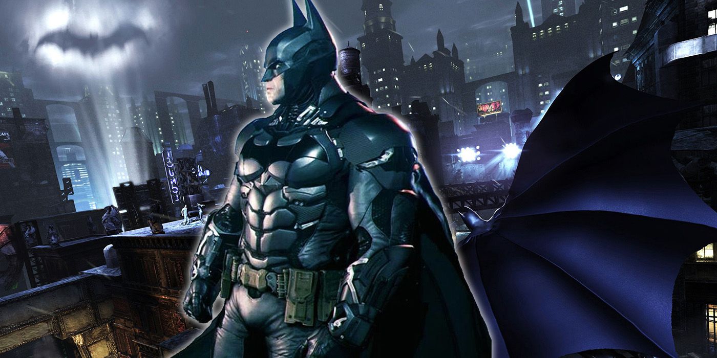 Batman soars through Arkham City as Batman from Arkham Knight watches the Bat-signal