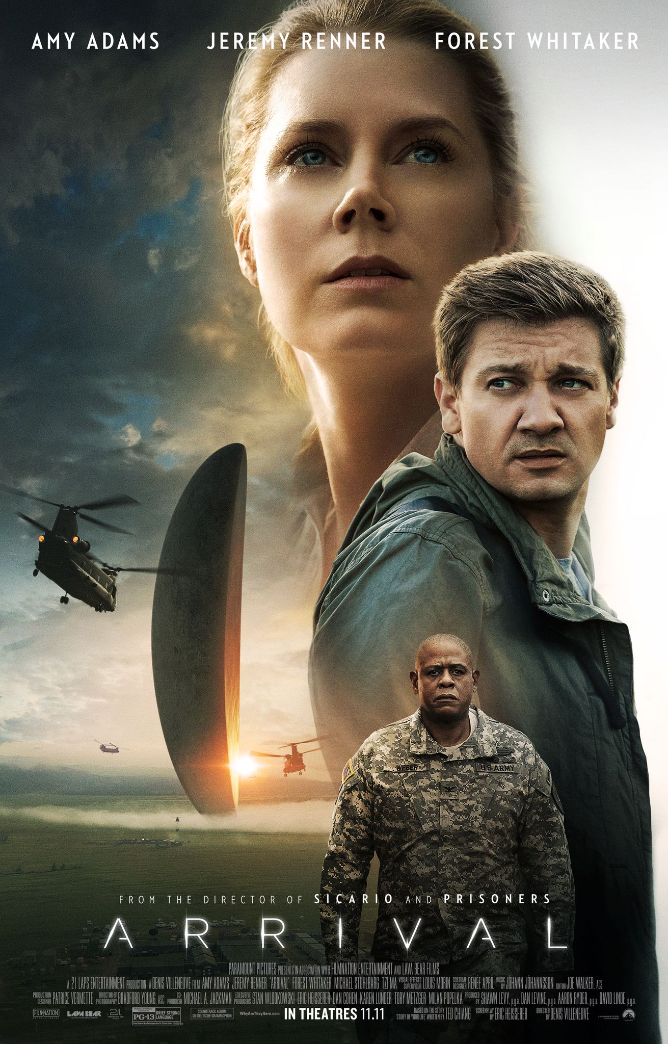 Amy Adams, Jeremy Rener and Forest Whitaker pose on the Arrival Film Poster