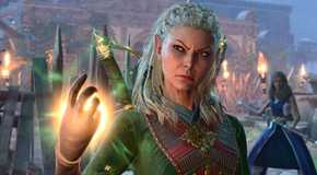 Jaheira casts a spell in front of the Inn in the Underdark in Baldur's Gate 3.