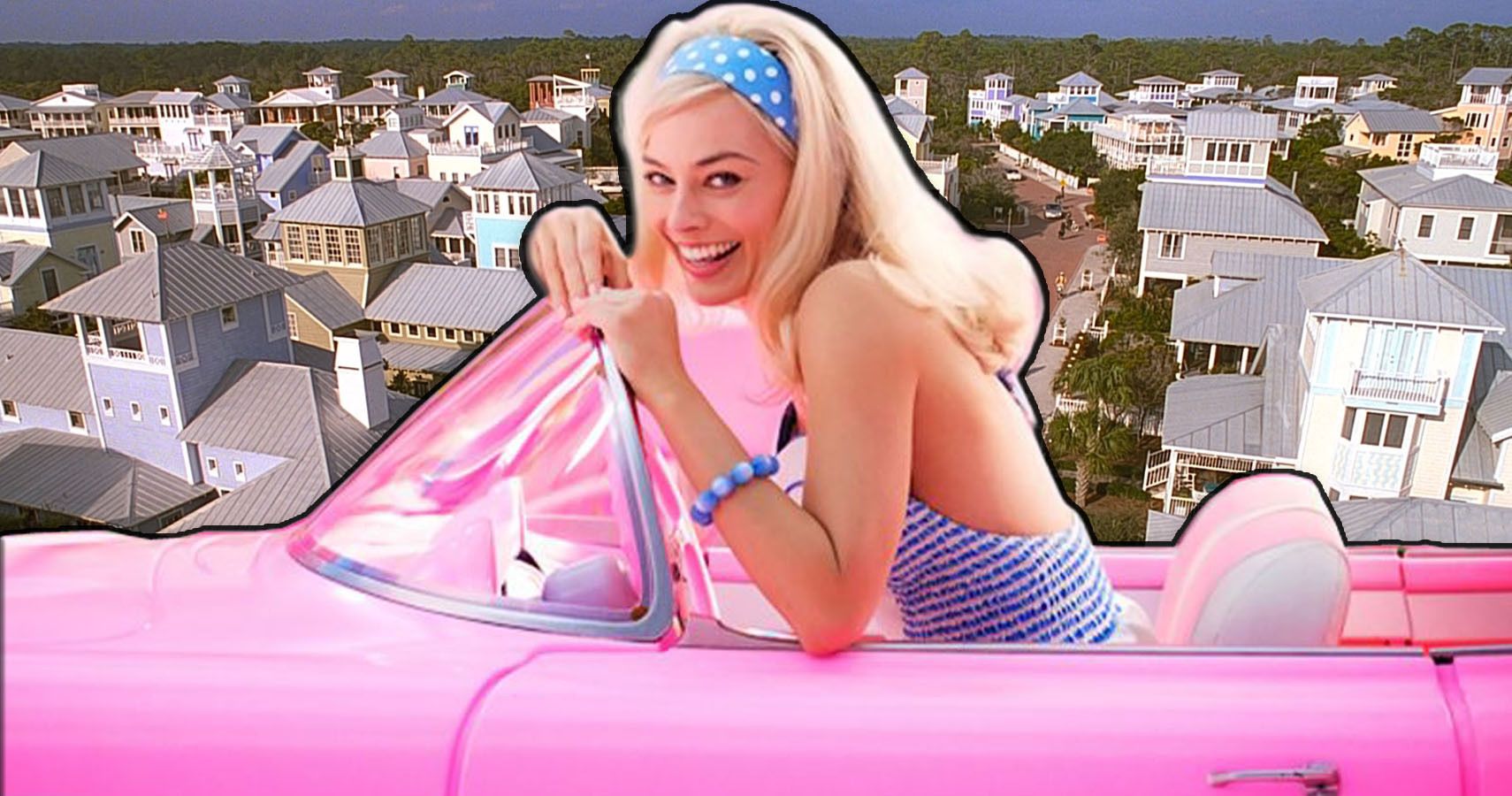 Barbie overlayed in her pink convertible on a backdrop of the town from Truman Show