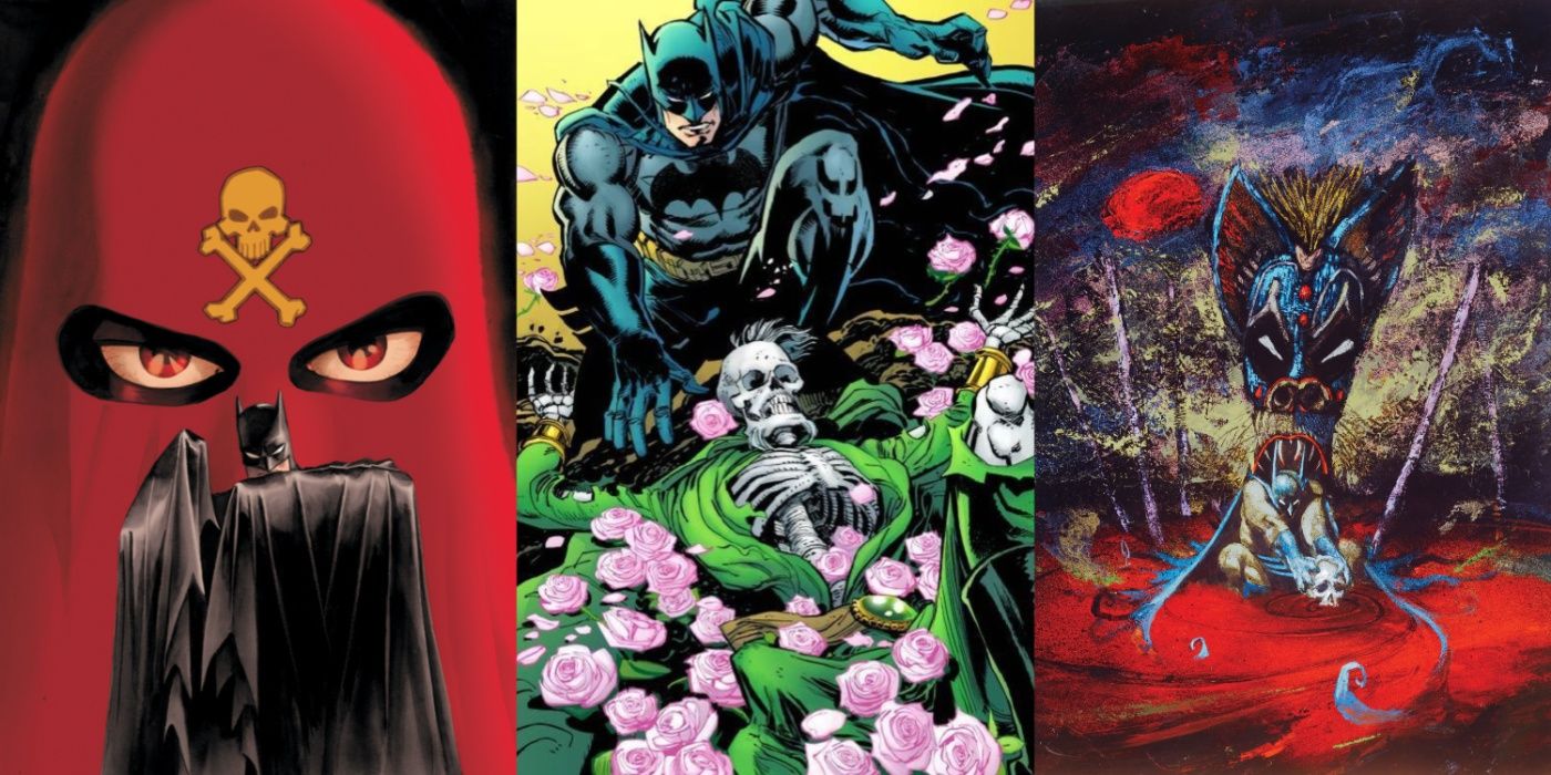 Split image of Batman and the Mad Monk, Death and the Maidens, and Shaman cover art.