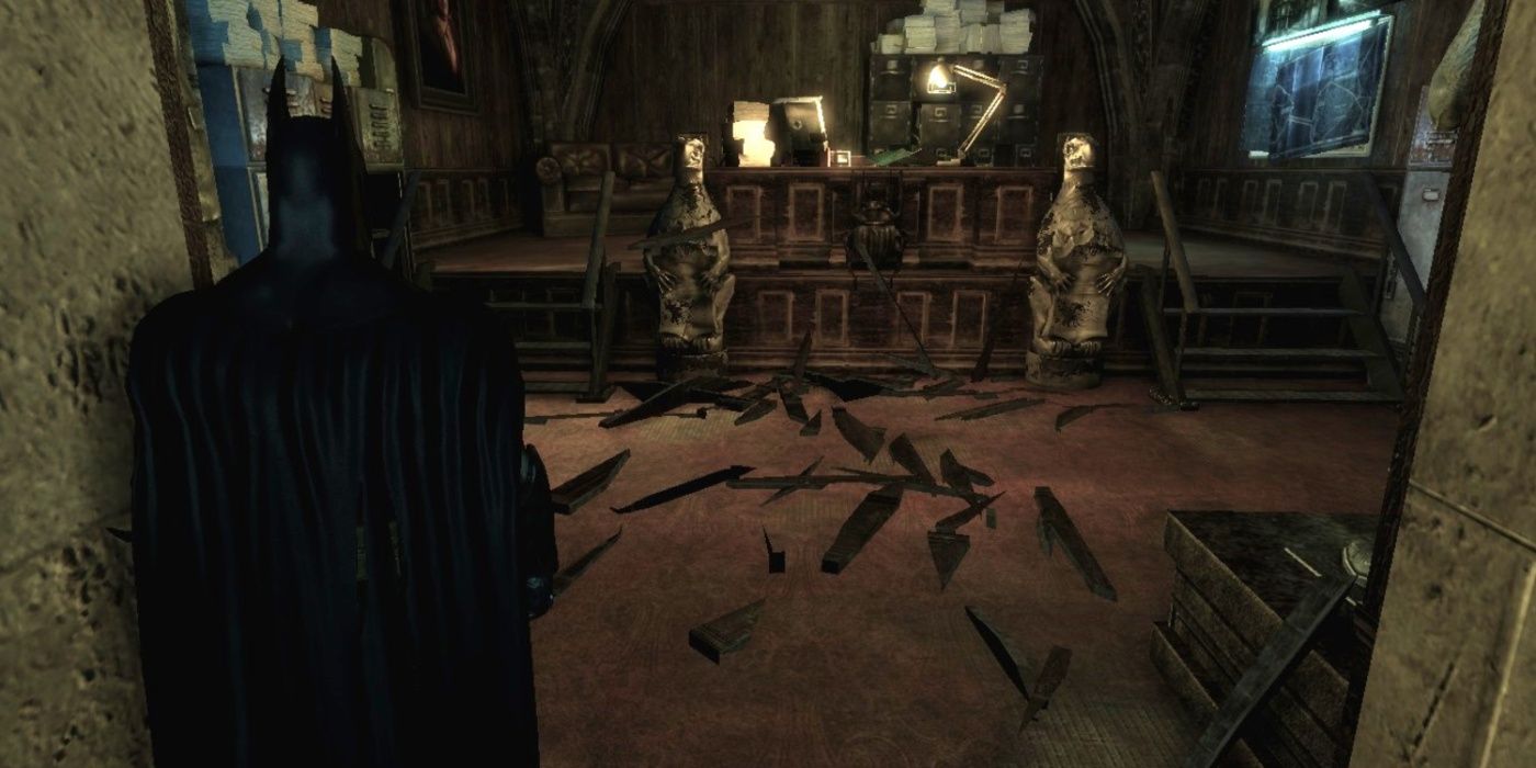 Batman discovering Warden Quincy Sharp's hidden room in Arkham Asylum.