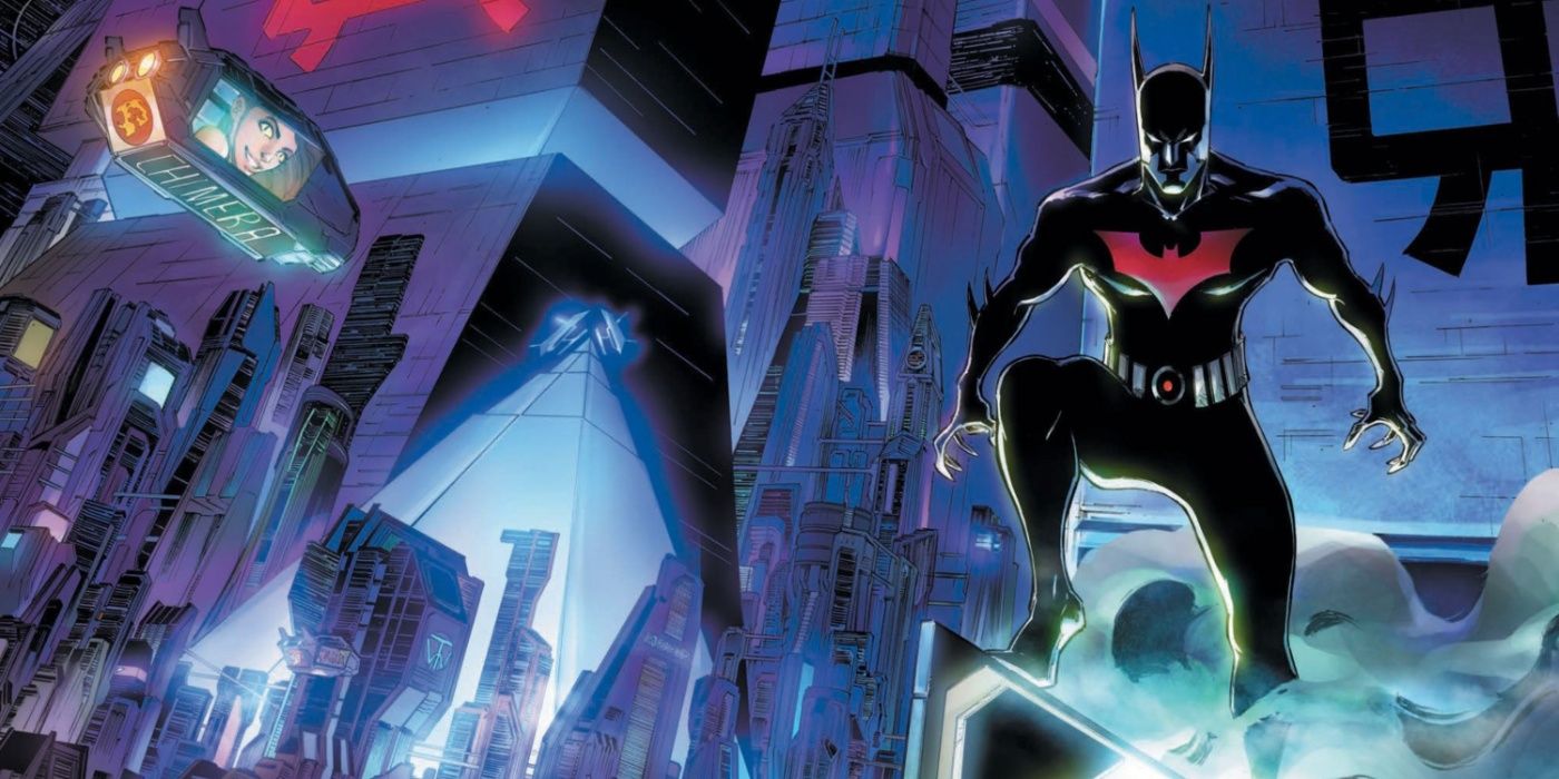 Batman standing on a rooftop in Neo-Gotham for Batman Beyond: Neo-Year art.