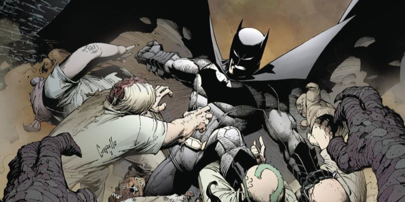 Greg Capullo's Batman fights a swarm of villains in Arkham Asylum.