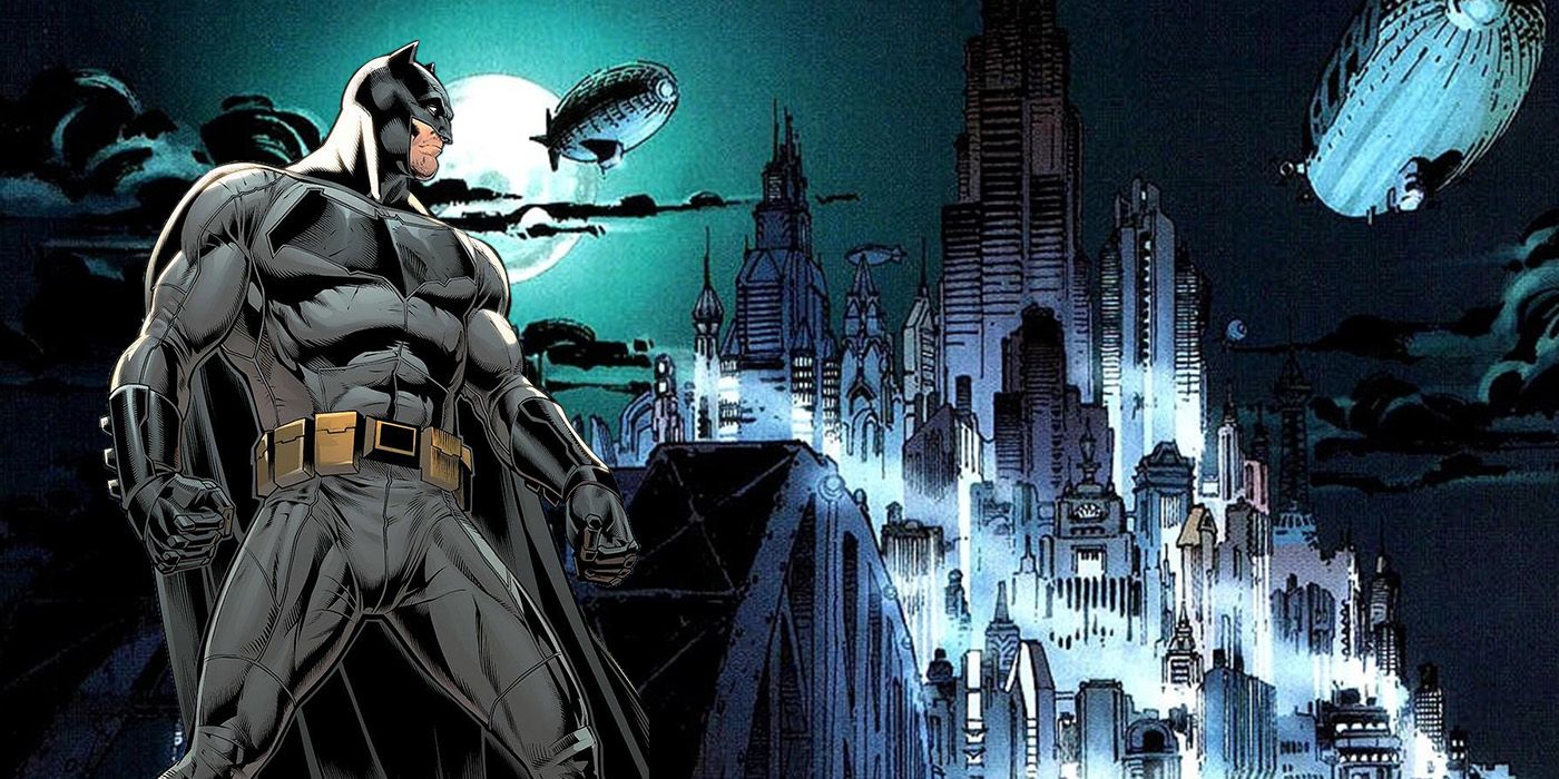 Batman Dawn of Justice comic version on a comic Gotham City backdrop