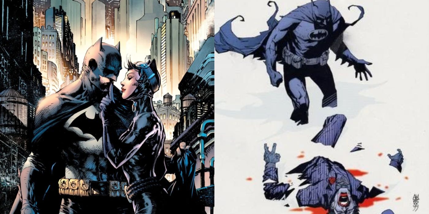 Split image of Batman and Catwoman in Hush cover art, and with a bloodied Joker in the snow in No Man's Land.