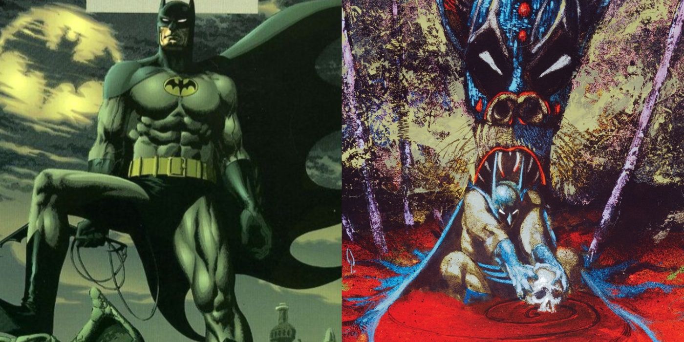 Split image of Batman in cover art for Prey and Shaman from Legends of the Dark Knight.