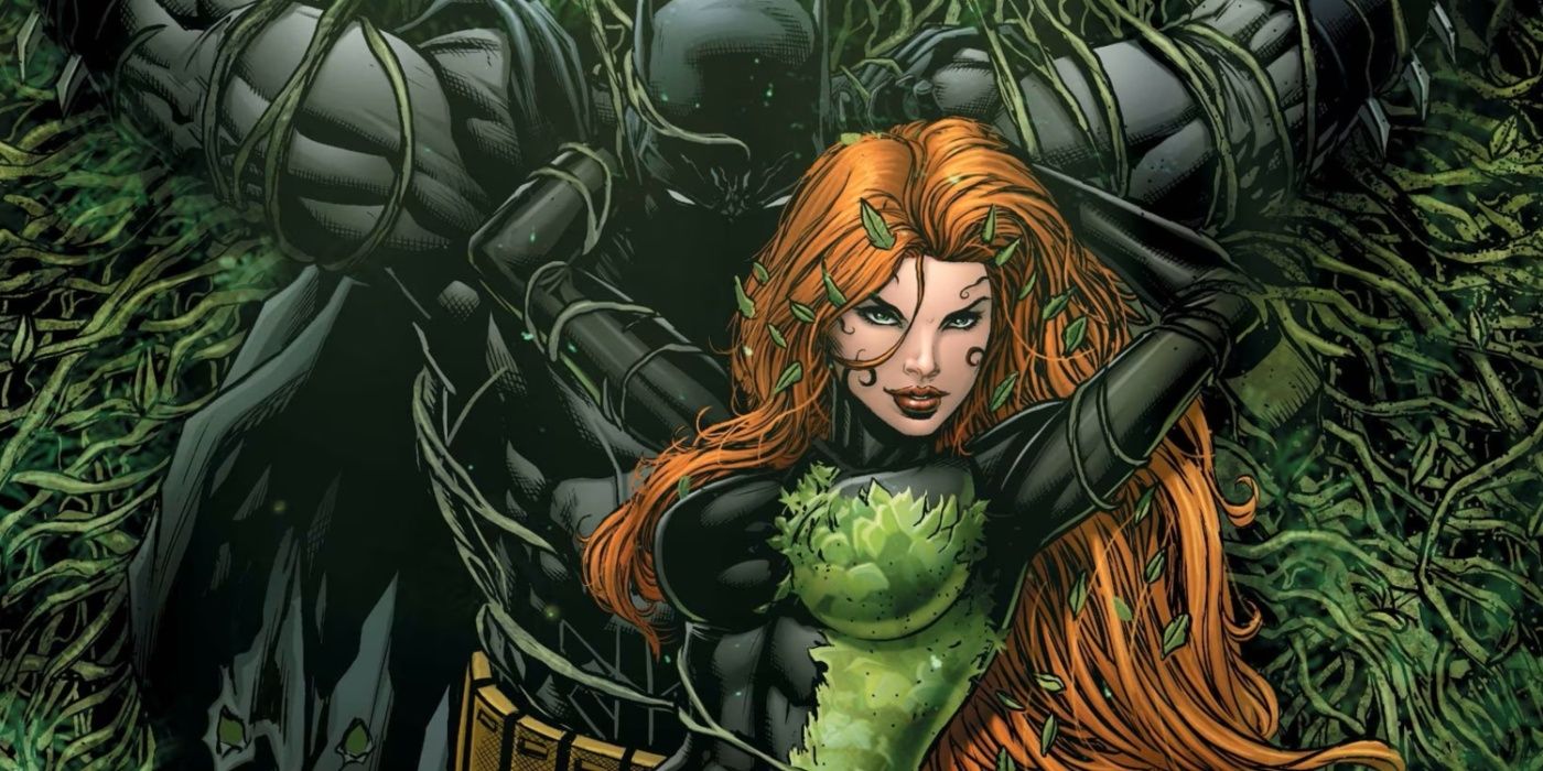 Hera Venenosa prendendo Batman em faixas de videiras na DC Comics.