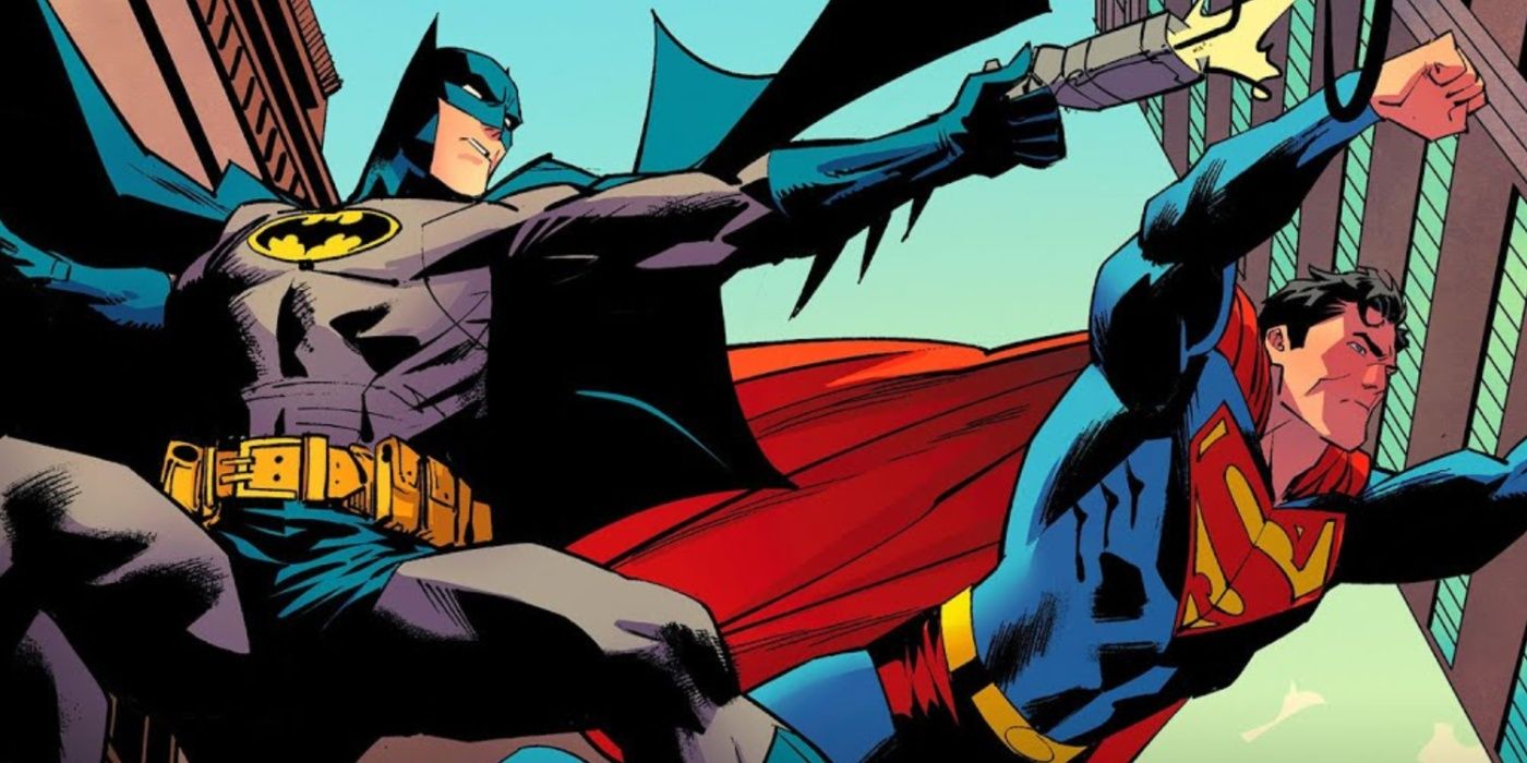 Batman e Superman atravessando a cidade em World's Finest in DC Comics