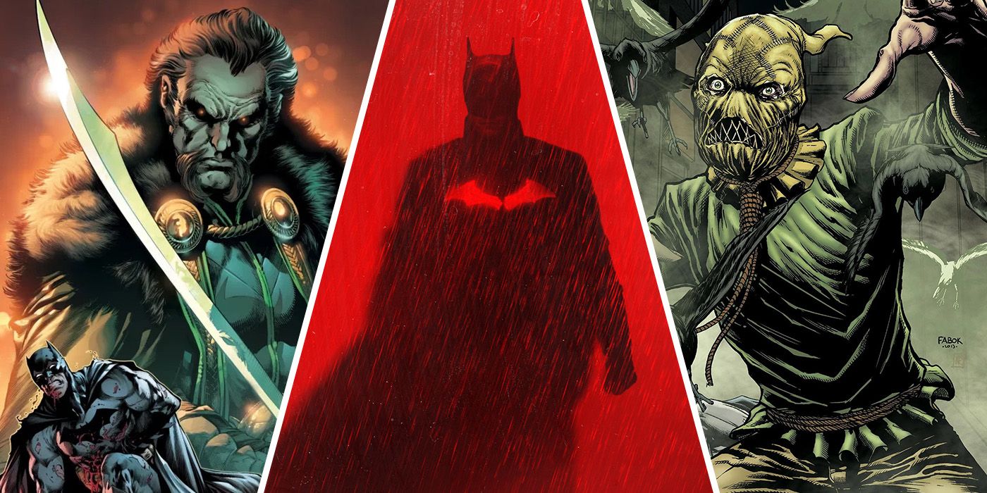 split image: The Batman red rain movie poster, and Ra's al Ghul and Scarecrow from DC Comics