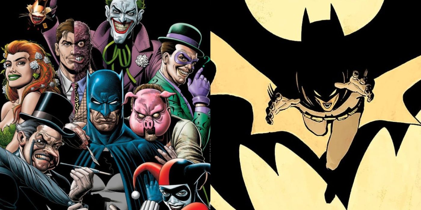 Split image of Brian Bolland's cover art with Batman and his villains and David Mazzucchelli's Year One.