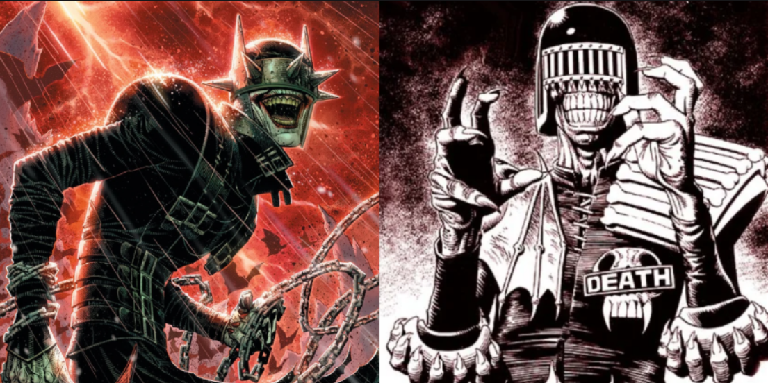 A split image of The Batman Who Laughs in DC Comics and Judge Death in 2000 AD