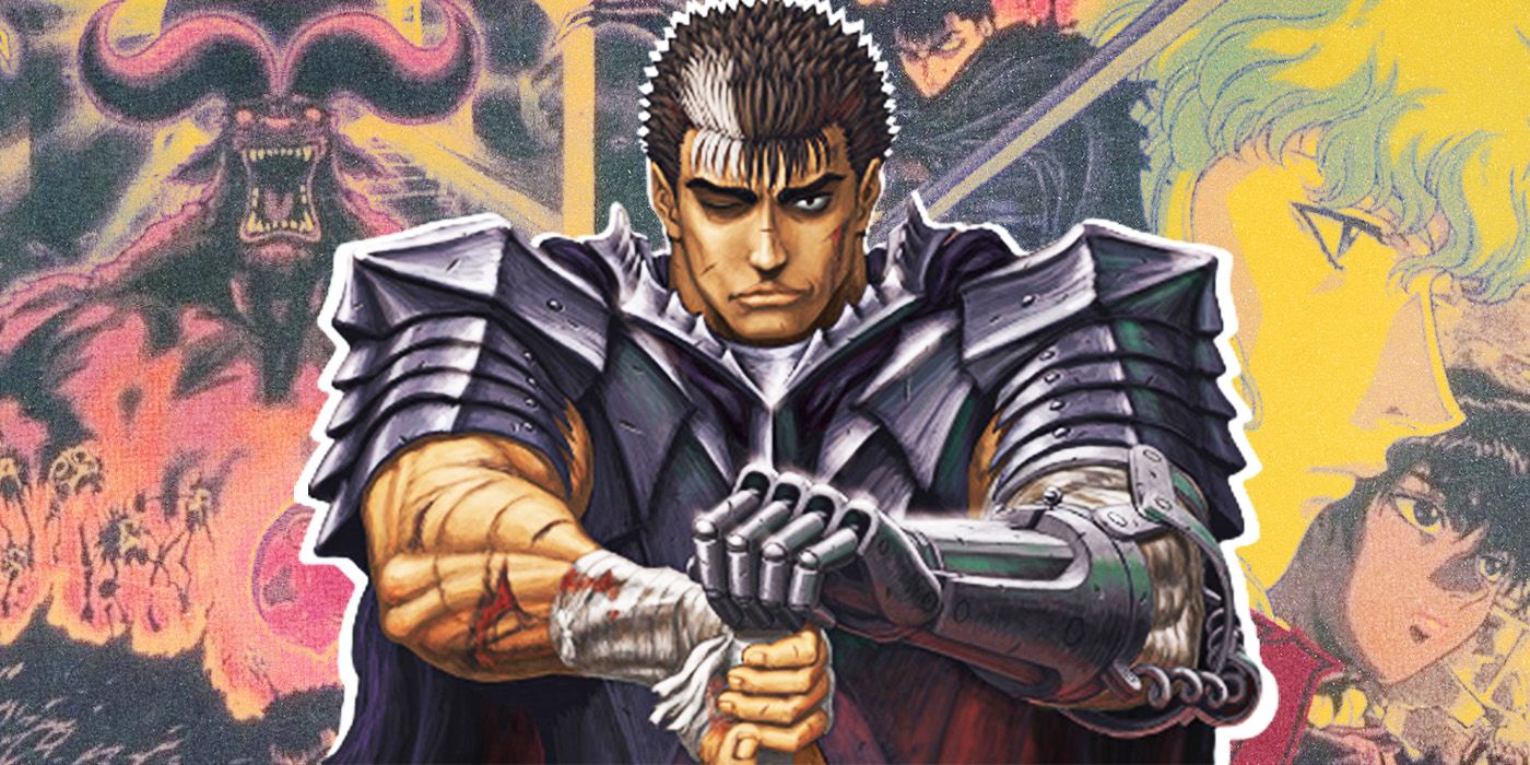 Guts from Berserk with a collage of scenes from the 1997 anime in the background