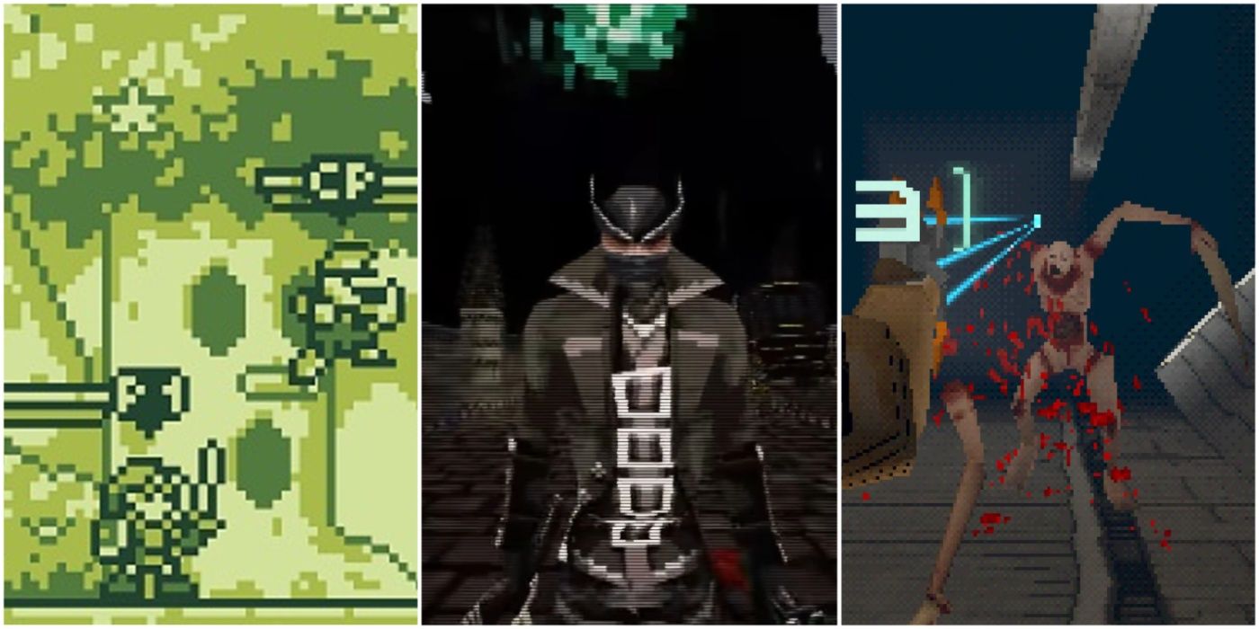 A split image showing Super Smash Land Smash Bros demake, Bloodborne PSX demake, and Dead Space demake