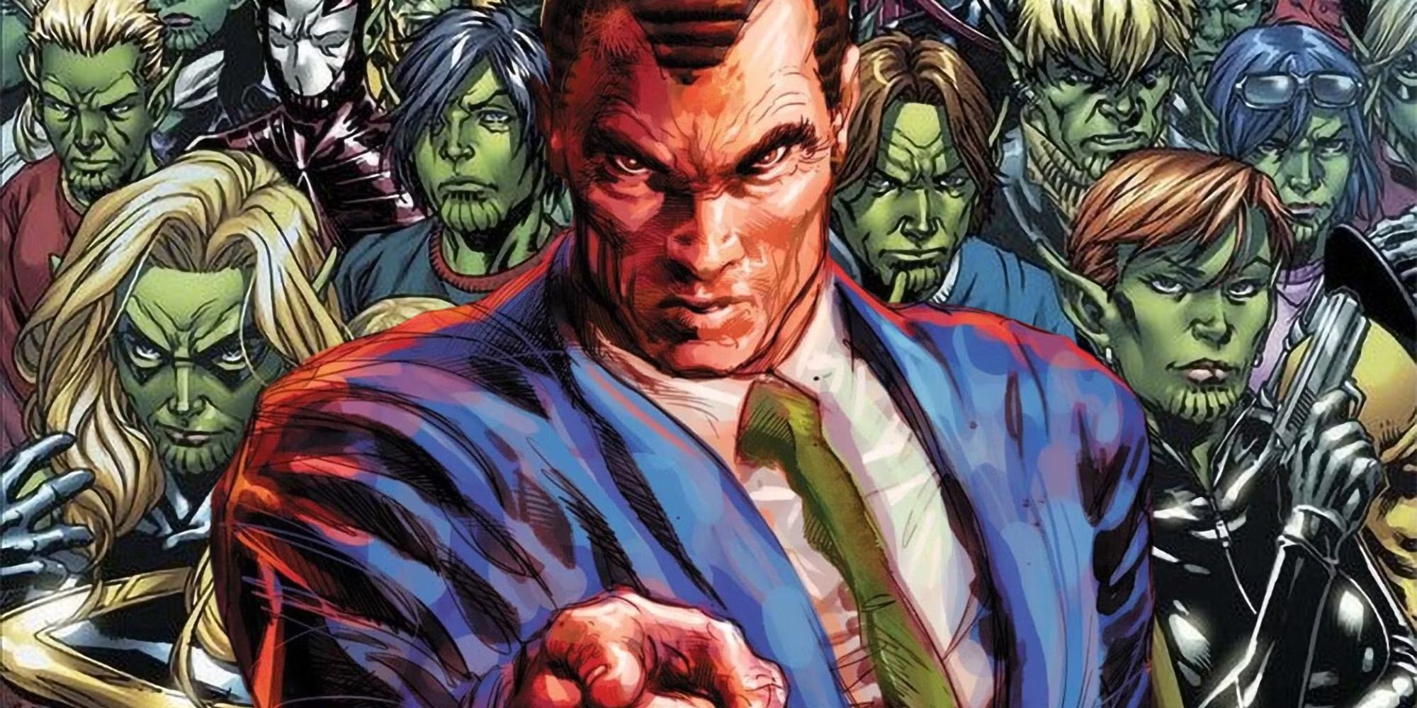 Norman Osborn in front of Skrulls.