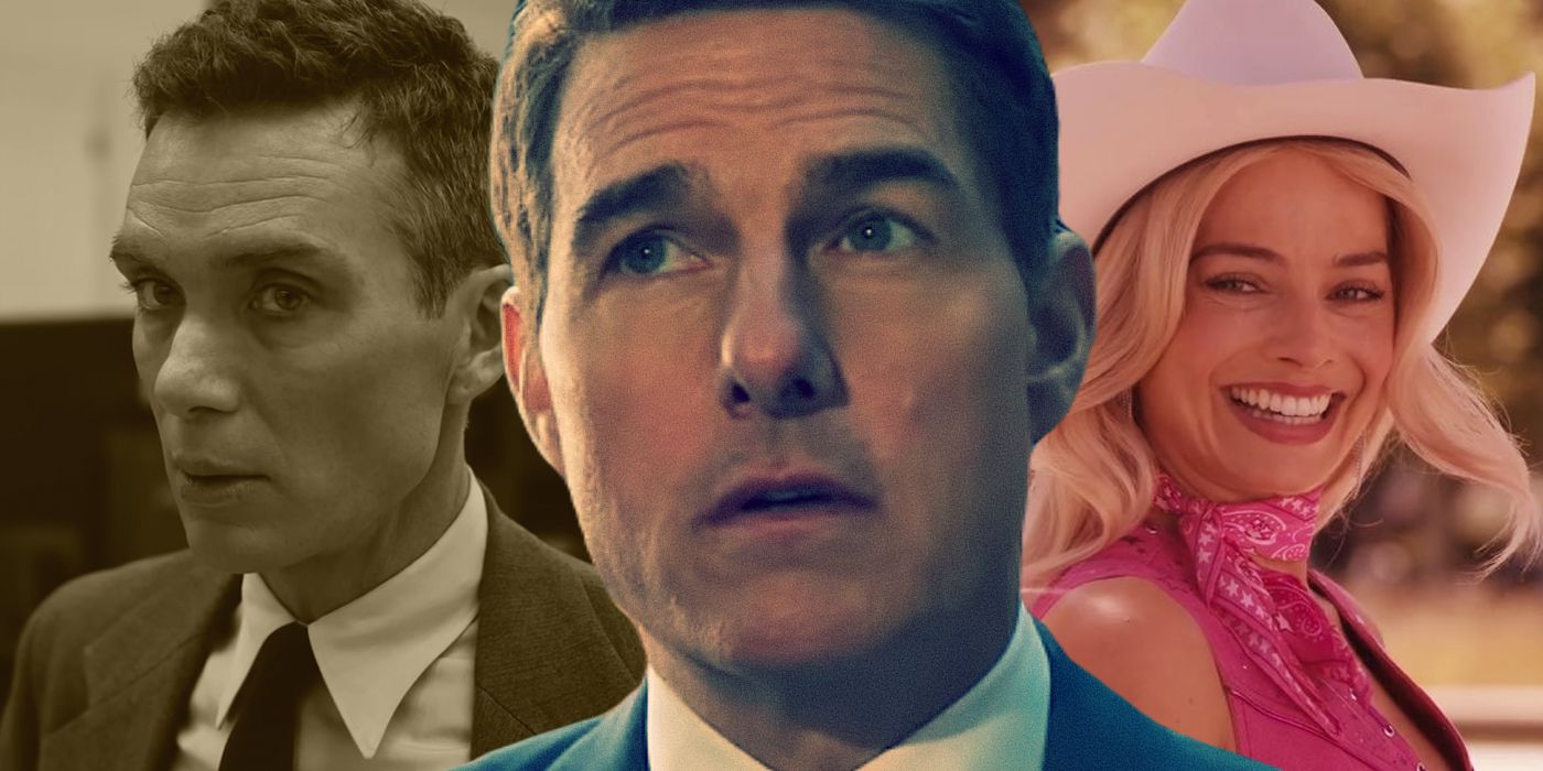 Split Image: Cillian Murphy in Oppenheimer; Tom Cruise in Mission: Impossible; Margot Robbie in Barbie
