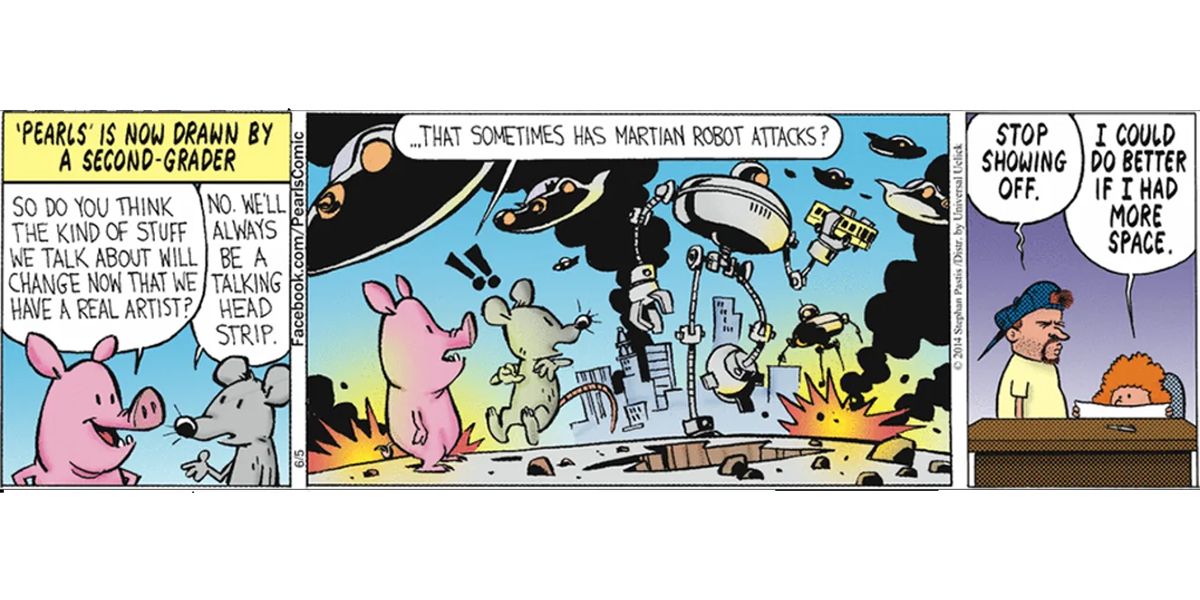 A Pearls Before Swine comic featuring a Martian robot attack drawn by Bill Watterson