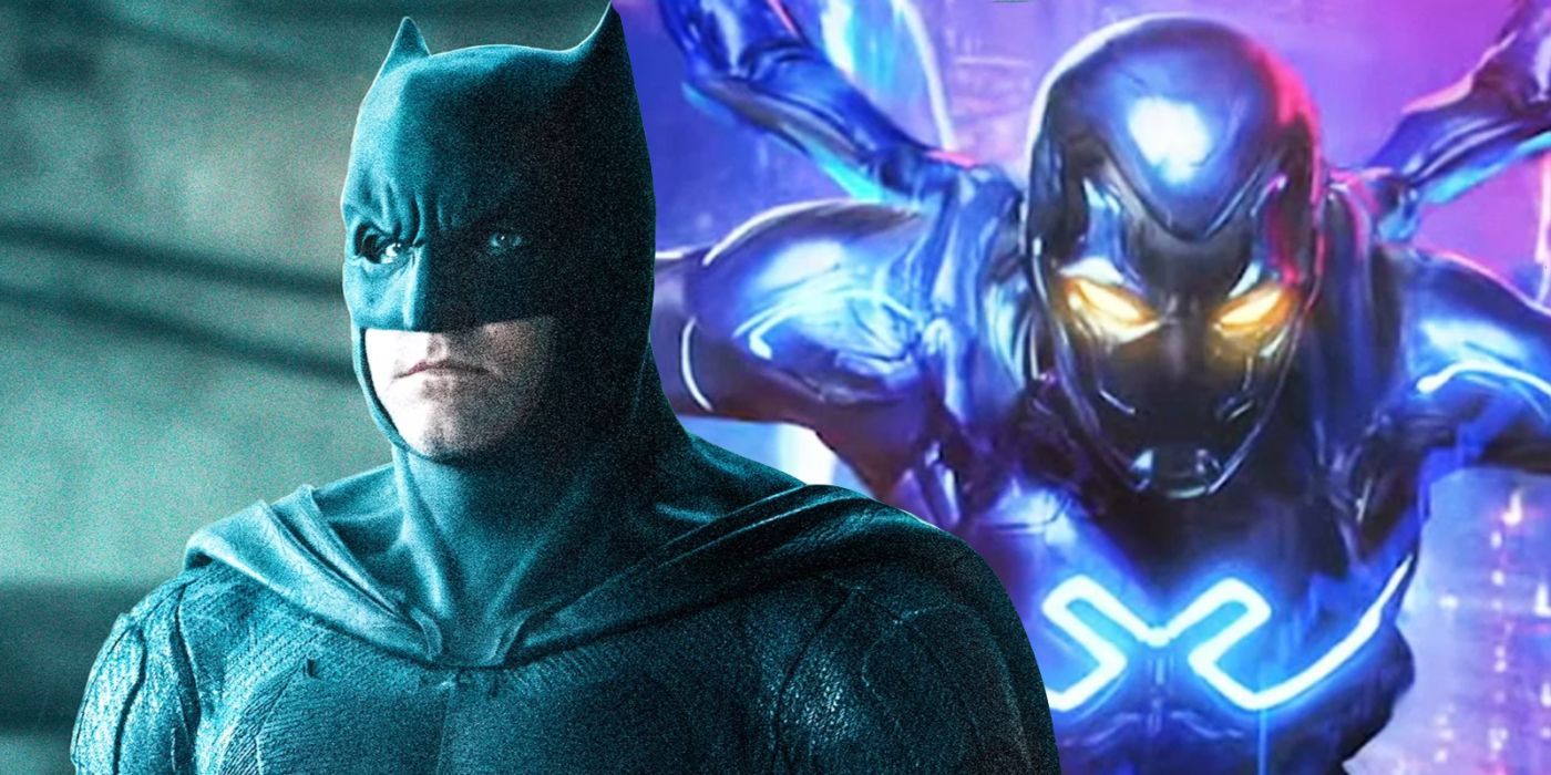 Split image of a poster from the Blue Beetle movie and Ben Affleck's Batman.