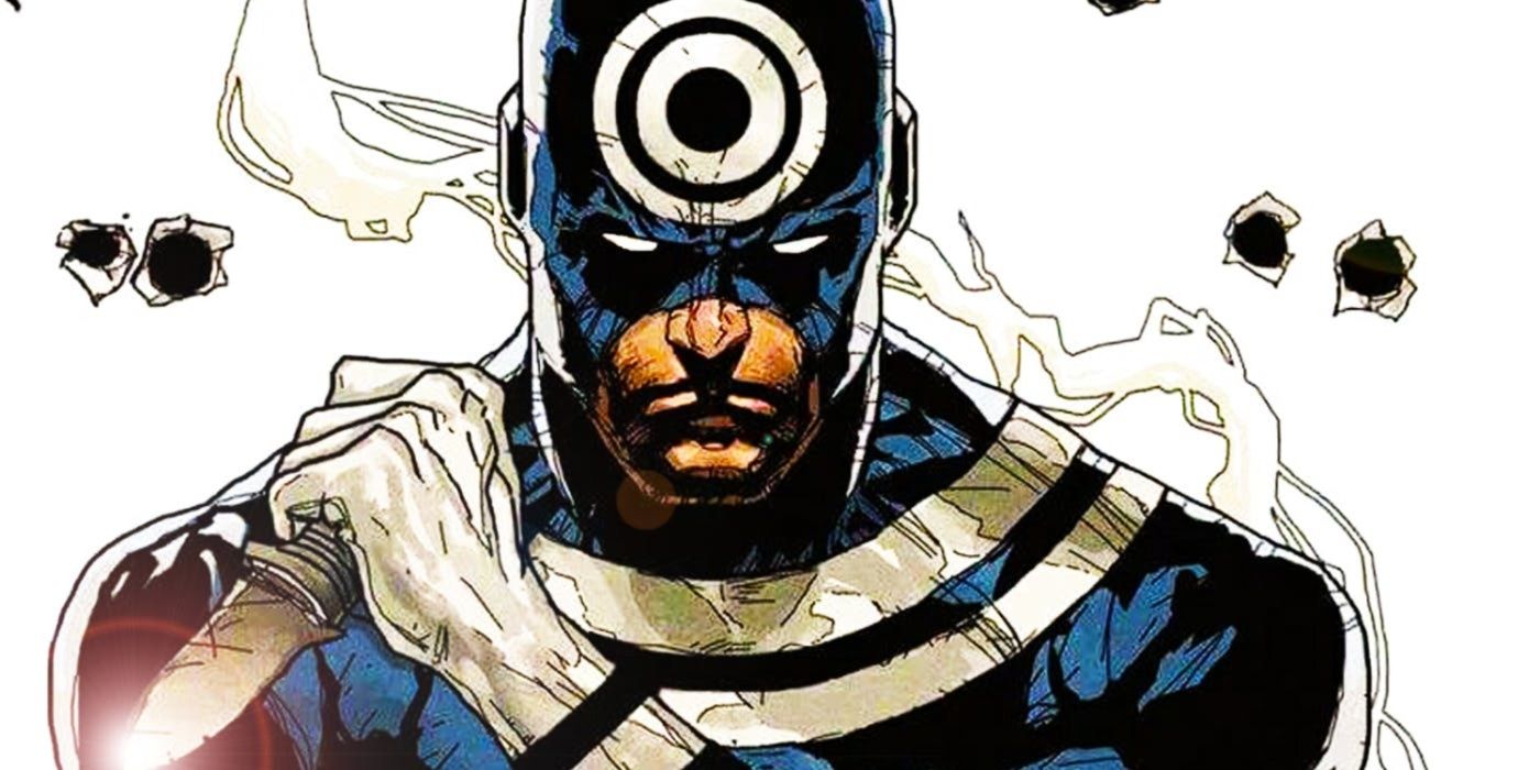 Bullseye empunhando uma faca e buracos de bala na parede atrás dele na Marvel Comics.