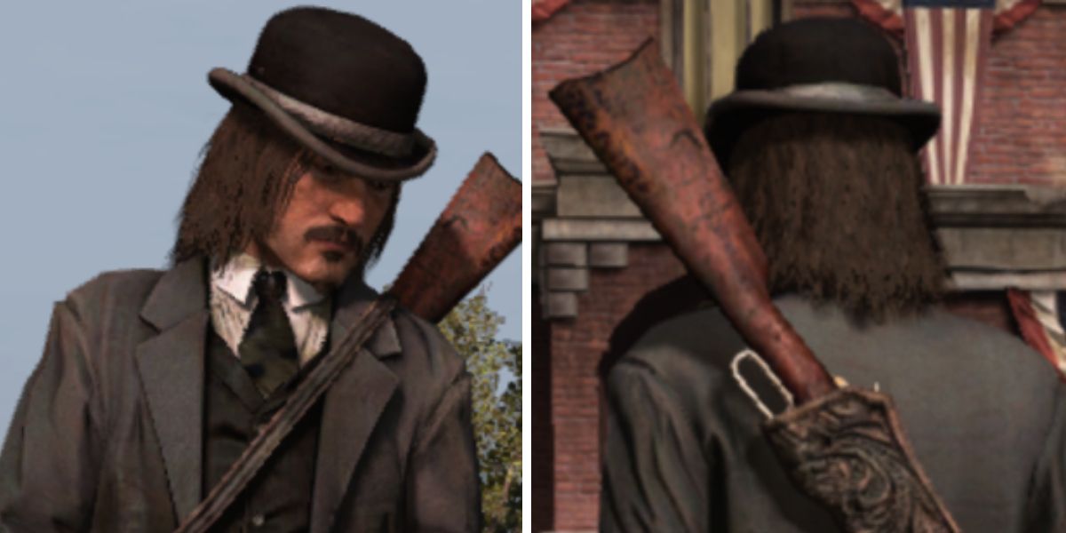 Uma imagem dividida apresenta uma foto frontal e traseira de Jack Marston vestindo o uniforme do Bureau em Red Dead Redemption.