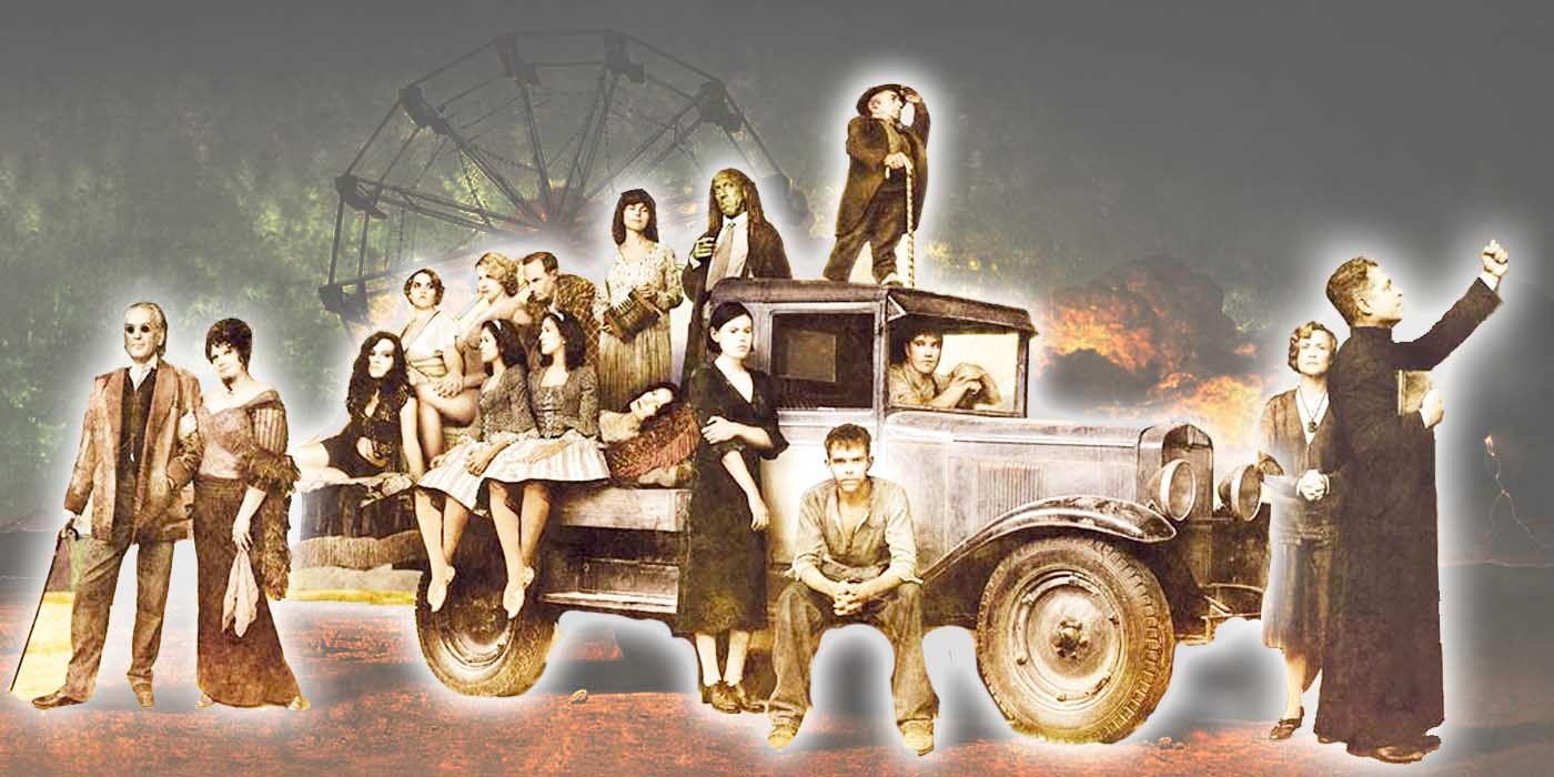 The Cast of HBO's Carnivàle highlighted against the dimmer background of the carnival itself.