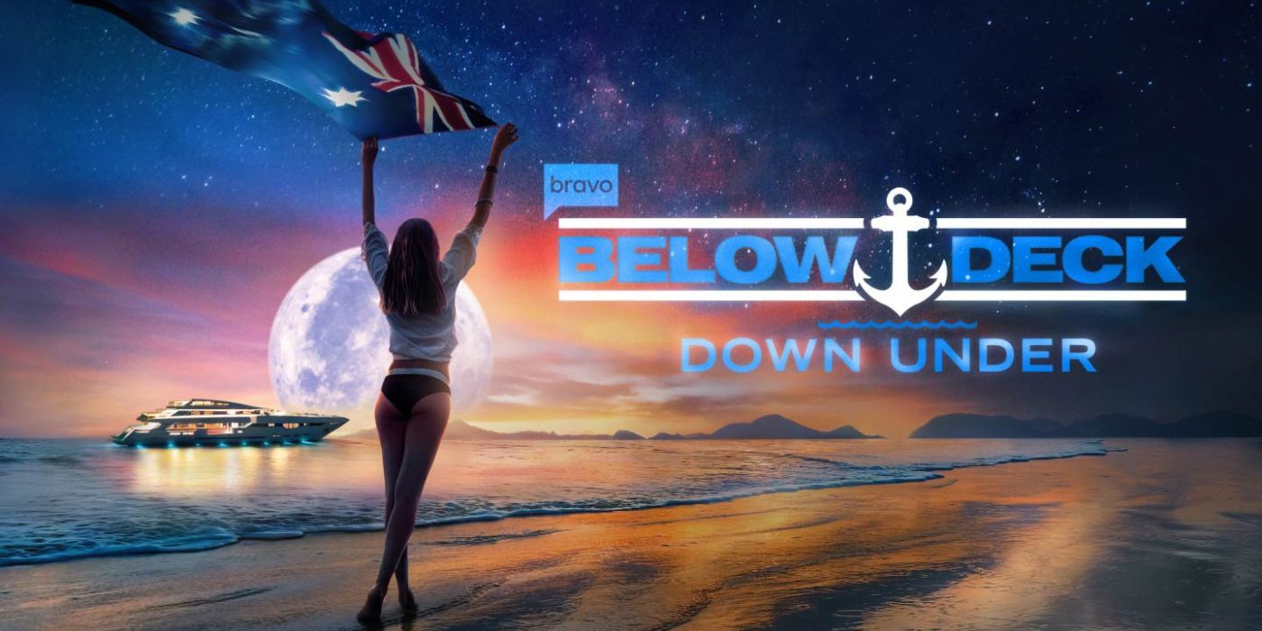 A woman stands on the beach, holding an Australian flag over her head, with a yacht in the background. On the right is the logo for Bravo's Below Deck Down Under.
