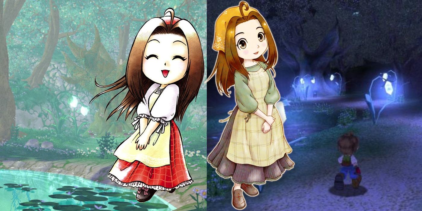 Screenshots of the goddess pond from the original and remake of A Wonderful Life. Official art of Cecilia from both versions is overlayed on top.