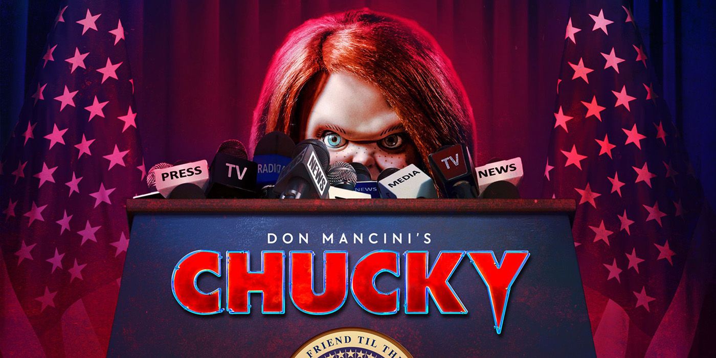 Chucky behind a podium.