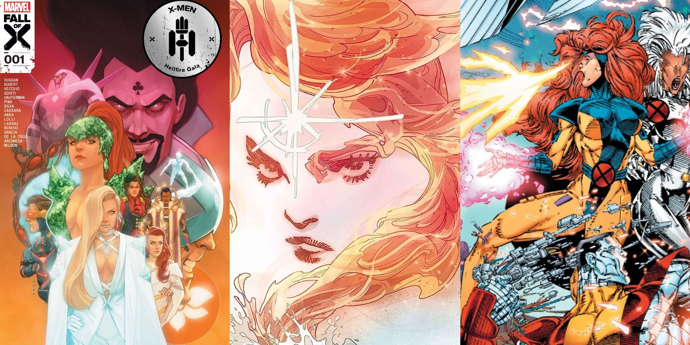 A split image of the cover to X-Men: The Hellfire Gala #1, Jean Grey from her 2023 miniseries, and Jean Grey from the cover of Uncanny X-Men #281 with Storm and Cyclops from Marvel Comics