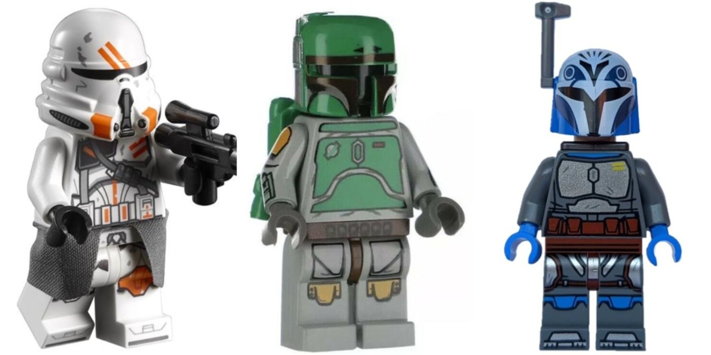 Star Wars LEGO Minifigures of a 212th Airborne Trooper, Cloud City Boba Fett, and Bo-Katan Kryze