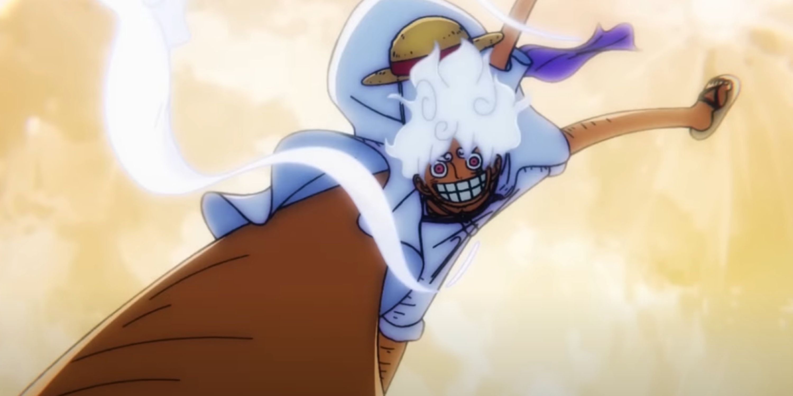 Luffy dances about in his Gear 5 form in One Piece